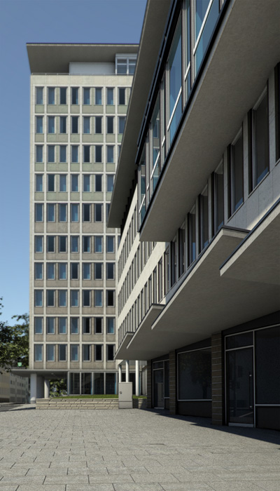 Rentenbank Frankfurt am Main mit Erweiterung - Blick über den Vorplatz von Osten / image by Fritz Göran Vöpel, 2018 / © Landwirtschaftliche Rentenbank