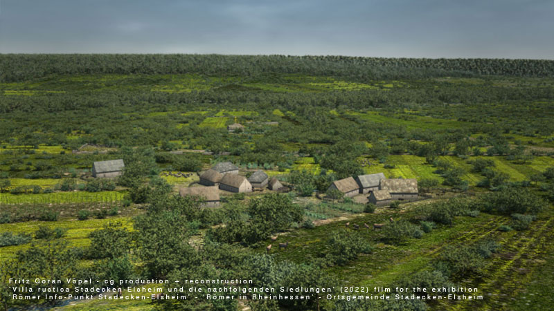 Landschaftsarchäologische Rekonstruktion der Kulturlandschaft des Selztals seit der Römerzeit - Das frühmittelalterliche Dorf Hedenesheim von Süden / image by Fritz Göran Vöpel, 2022 / © Ortsgemeinde Stadecken-Elsheim